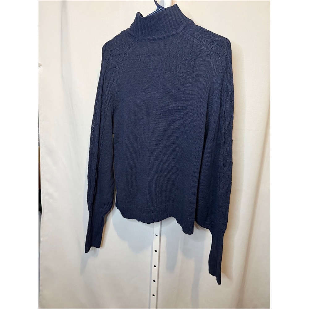 Navy Blue Cable Knit Mock Neck Balloon Sleeve Sweater Large Cotton Blend - Picture 4 of 6
